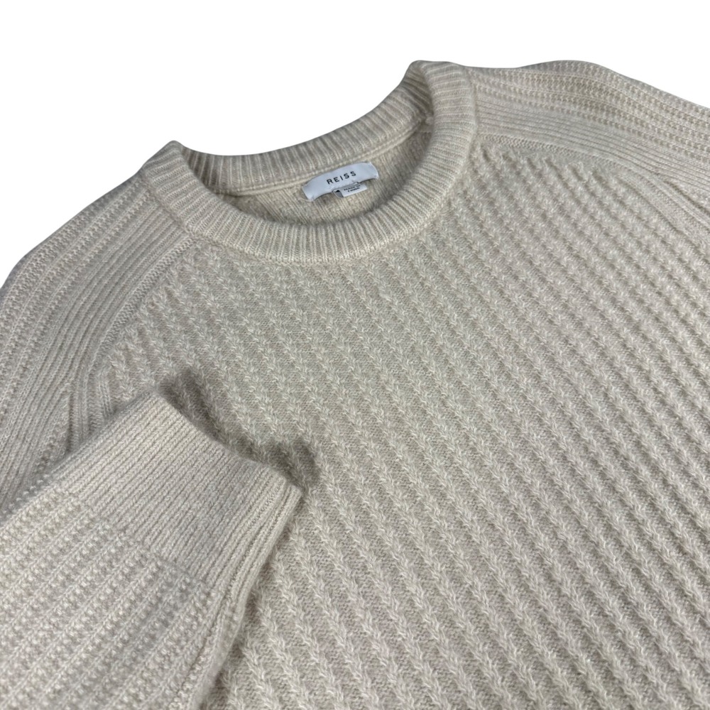 REISS Cream Ribbed Knit Wool‎ Blend Sweater L Crew Neck  Cozy Lux FLAW. READ.